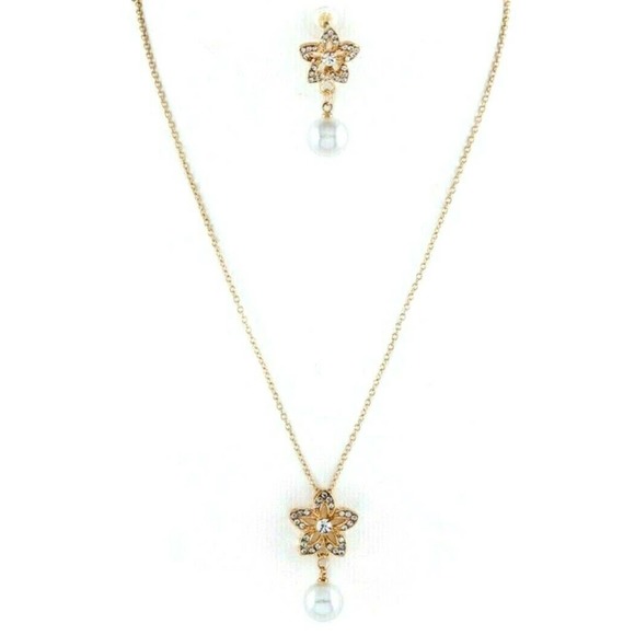 Necklace Set with Earrings Crystal Flower + Pearl - Picture 2 of 3